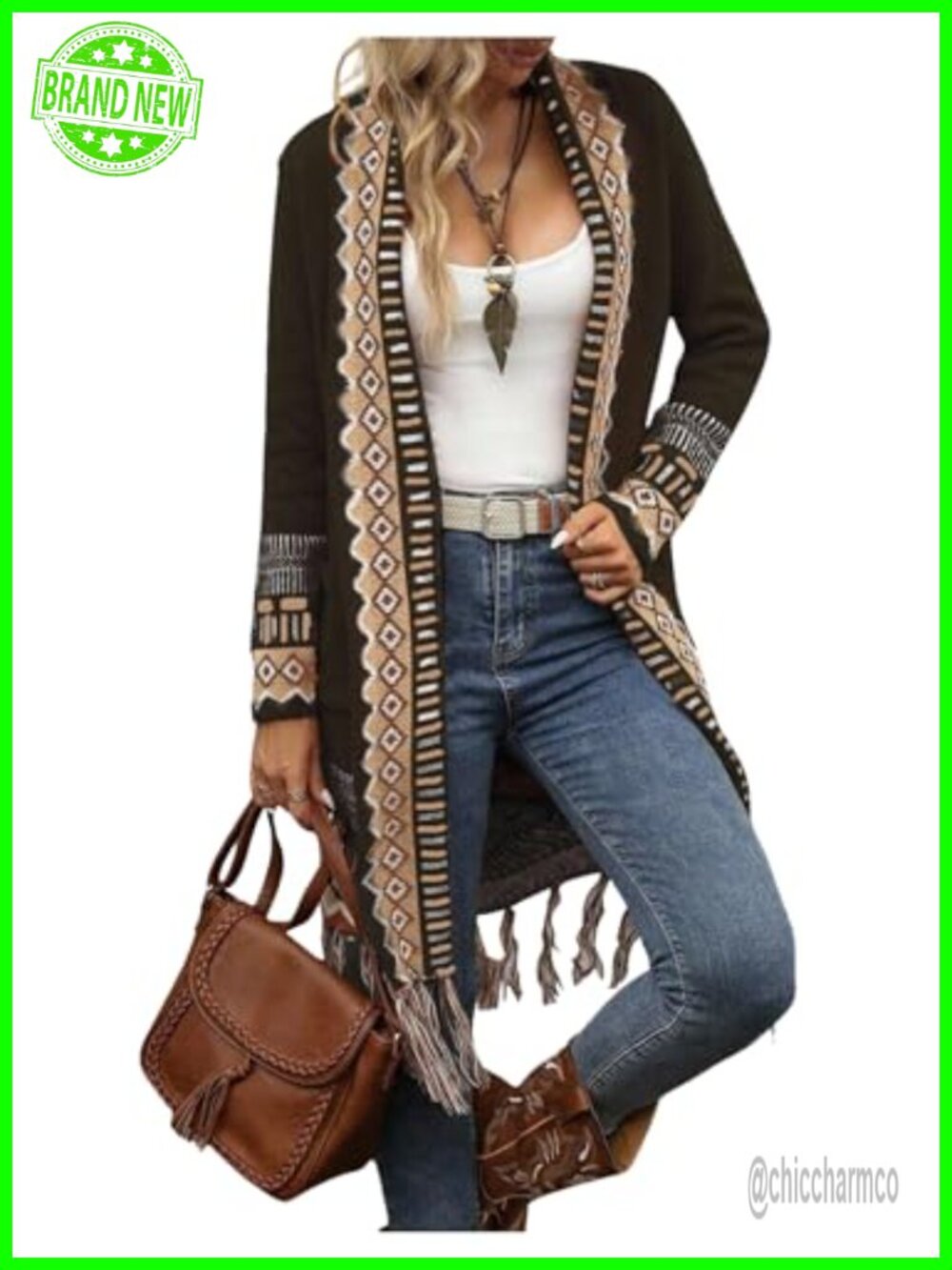 Fringe Long Cardigan Sweater Boho Western Knitted Tassel Pocket Shawl Collar